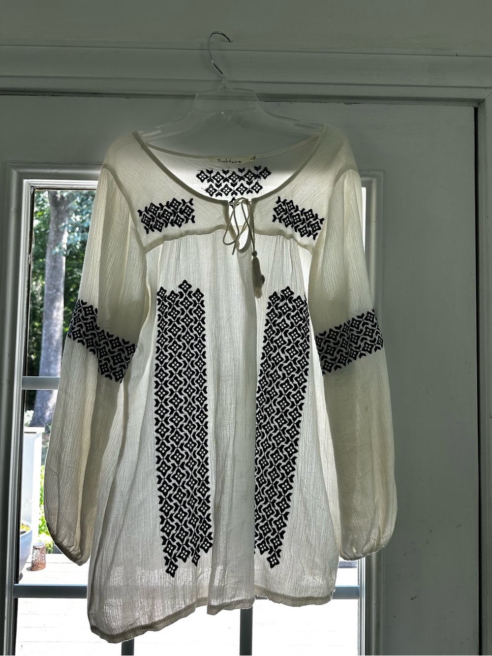 Solitaire Cream Top with Black Geometric Embroidery